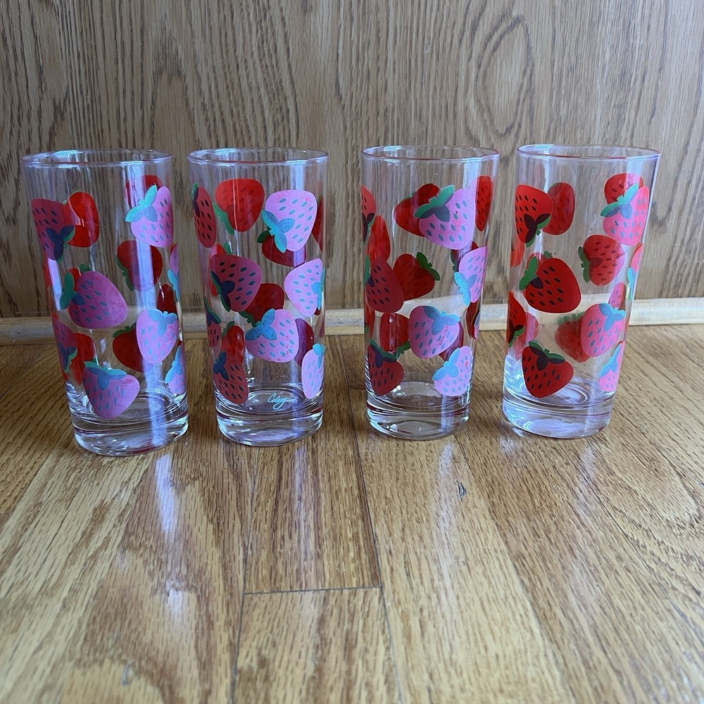 Vintage Colony MCM Strawberry‎ Print Drinking Glass Set of 4 Retro Fruit Tumbler